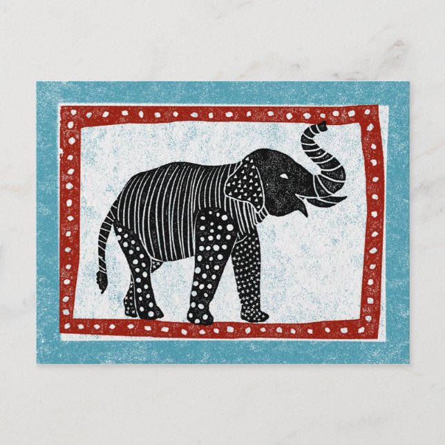 Blå röd svart svart, elefant vykort (Framsida)