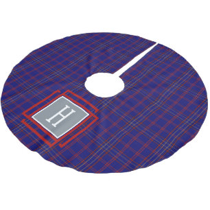 Blå Röd Tartan Monogram  Julgransmatta Borstad Polyester