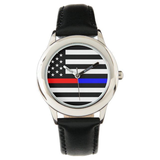 blå röd, tunn polisbrandsymbol usa armbandsur (Framsida)