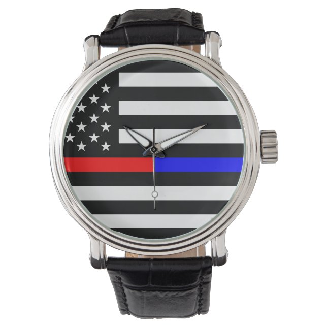 blå röd, tunn polisbrandsymbol usa armbandsur (Framsida)