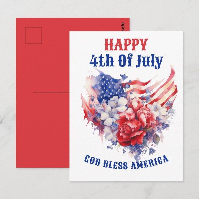 Blå Röd Vit 4:e Juli akvarell Vykort (Fram/baksida)
