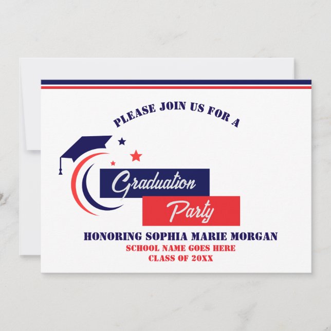 Blå Röd Vit Examen Inbjudan (Framsida)