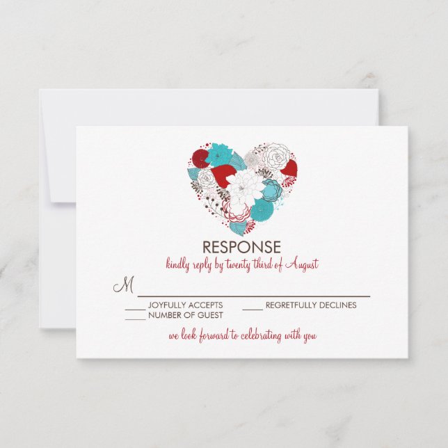 Blå Röd Whimsical Blommig Hjärtformad Bröllopssvar OSA Kort (Framsida)