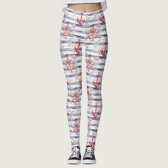 Blå Röda Ankare Blommig Rand Strand  Leggings (Framsida)