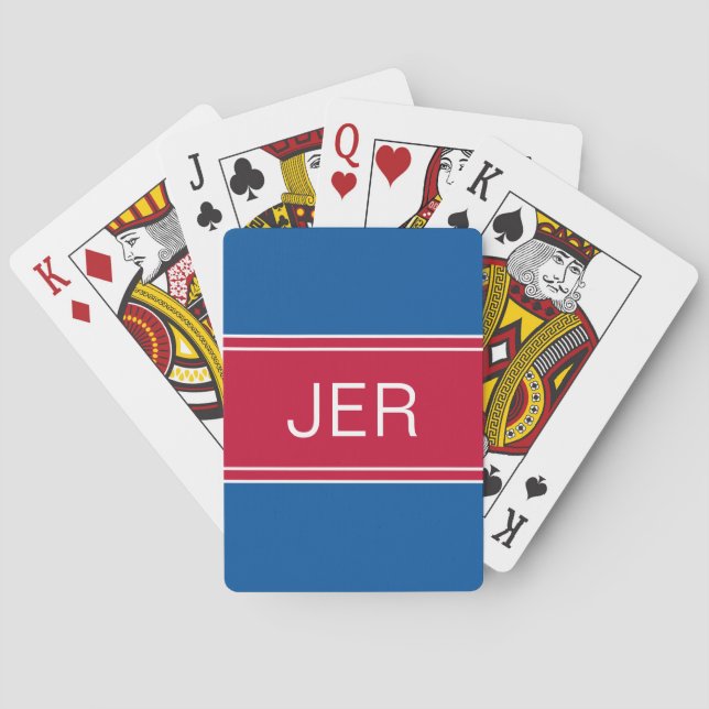 Blå & Röda Anpassade Personliga Monogram Initialer Casinokort (Baksidan)