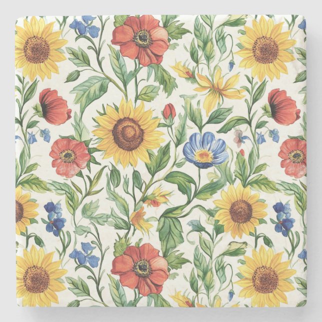 Blå Röda Gula Solrosor Italiensk Blomma Stenunderlägg (Framsidan)