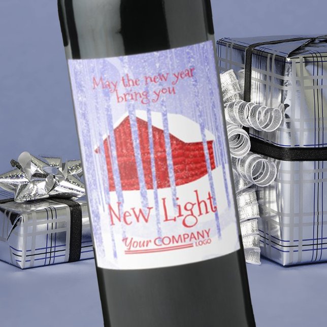 Blå, Röda Snö Cabin-etikett Vin Vinflaska Etikett (company Christmas logo wine labels, corporate holiday stickers, red blue winter snow cabin scene)