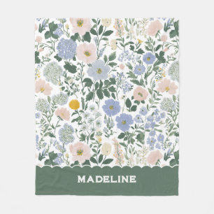 Blå Rödfärgad Cottagecore Vildblomma Monogram Namn Fleecefilt