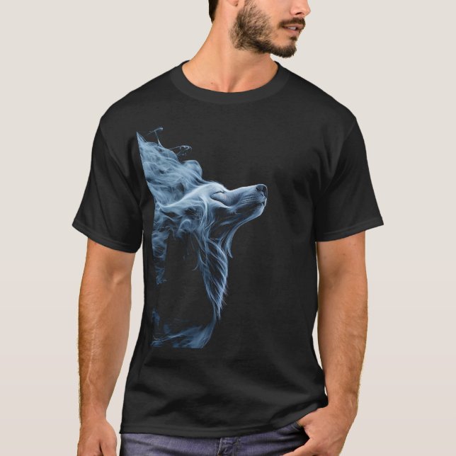 Blå Rök Ulv T-Shirt | Mystisk Ulv Grafisk Design (Framsida)
