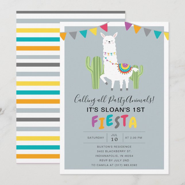 Blå Rolig Lama Fiesta Födelsedagsfest Inbjudningar (Fram/baksida)