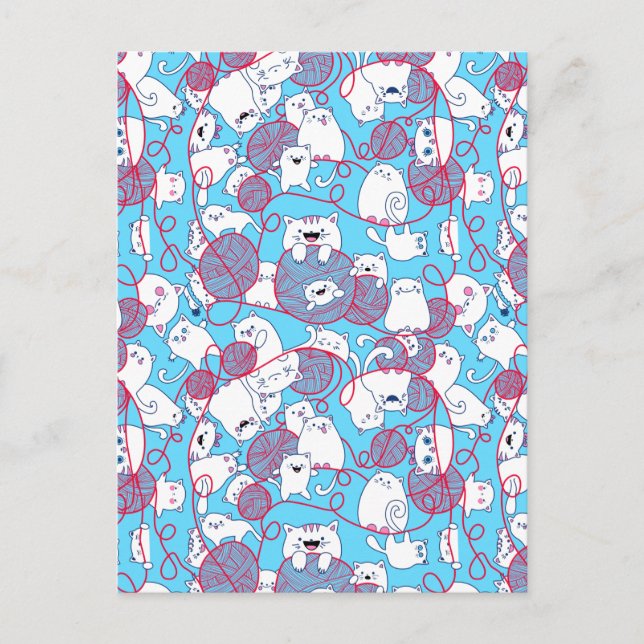 Blå Rollig Söt Stickning Kattunge Boll Helg Vykort (Framsida)