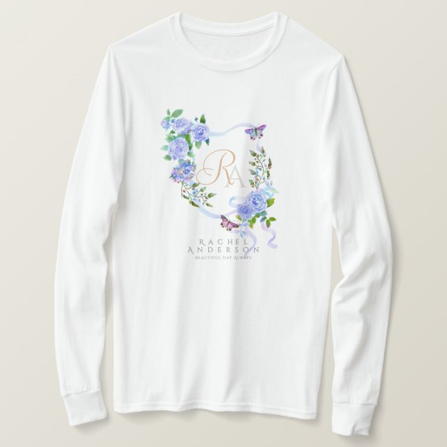Blå Ros Band Chic Monogram  T Shirt (Design framsida)