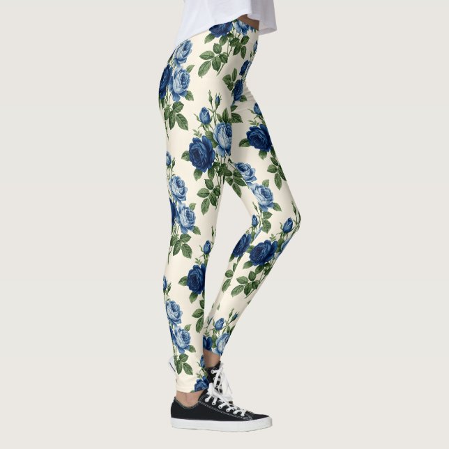 Blå Ros Blommig Mönster Leggings (Höger)