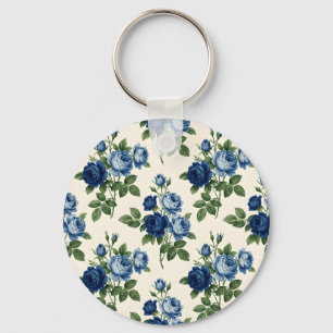 Blå Ros Blommig Mönster Nyckelring