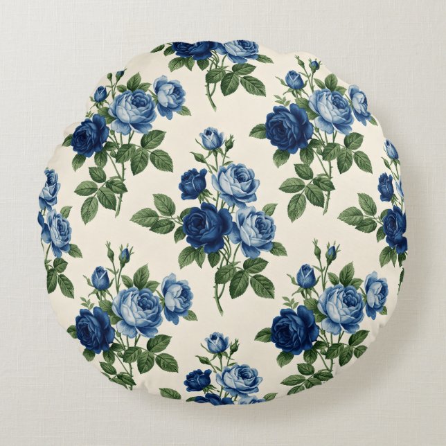 Blå Ros Blommig Mönster Rund Kudde (Framsidan)