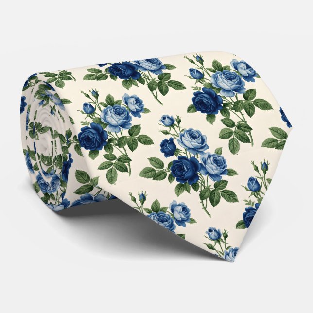 Blå Ros Blommönster Slips (Rullad)