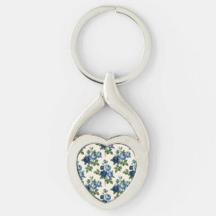 Blå Ros Blommönster Twisted Heart Silverfärgad Nyckelring