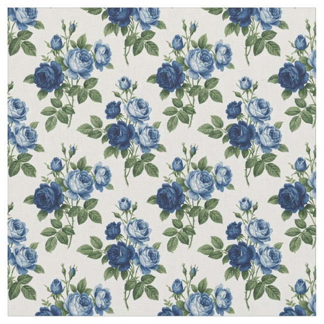 Blå Ros Blommönster Tyg (Närbild)