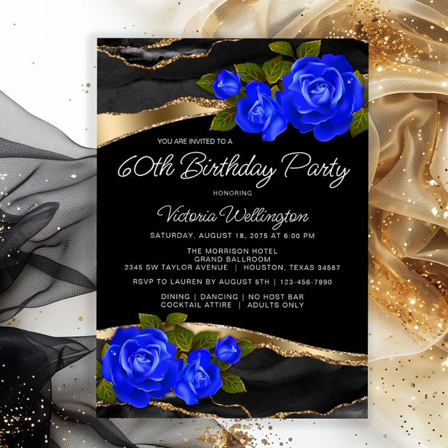 Blå Ros Svart Guld Alla Nummer Födelsedag Inbjudningar (Elegant blue roses on a beautiful black and gold background any number birthday or event invitation.)