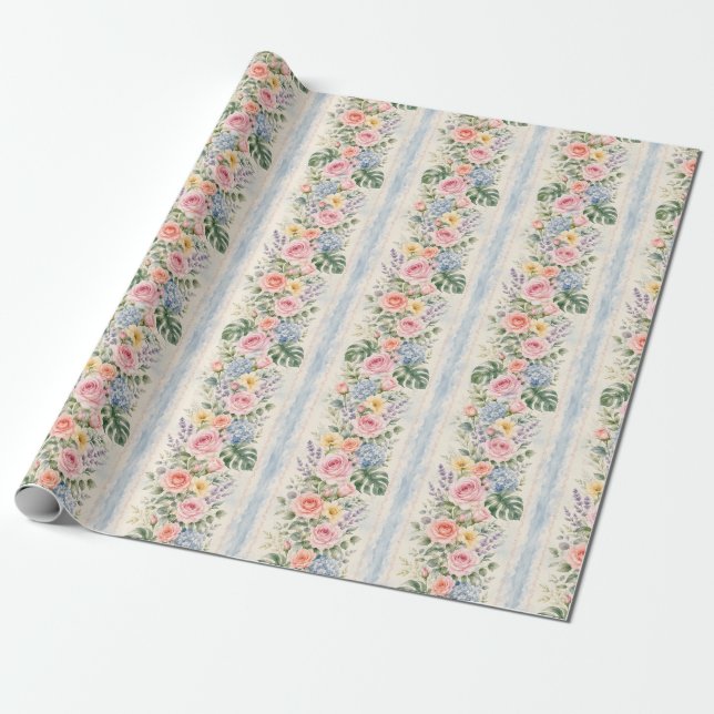 Blå Ros Tropisk Blommig Rand Vattenfärgsspresent Presentpapper (Utrullad)