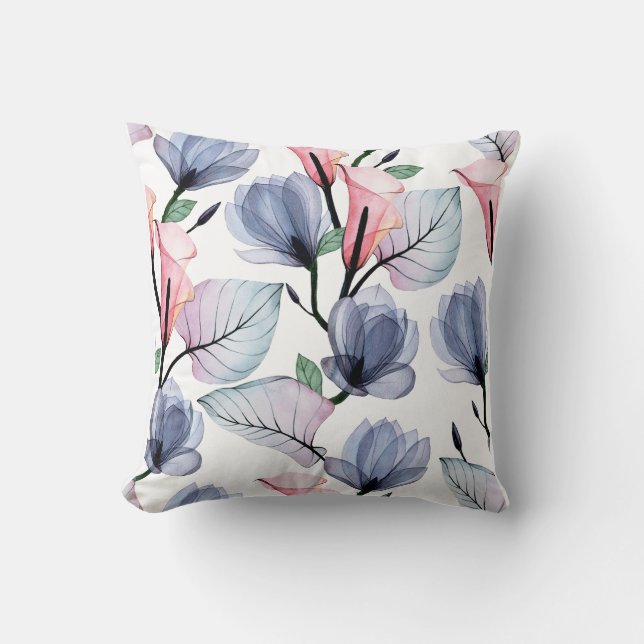 Blå & Rosa Akvarell Blommig Kastkudde Kudde (Framsida)