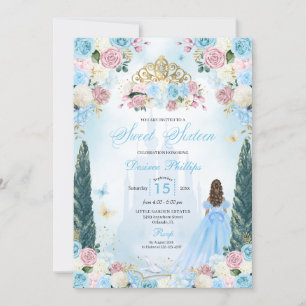 Blå & Rosa Askungen Sagoprinsessa Sweet 16 Inbjudningar