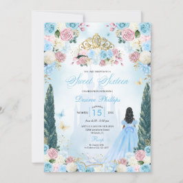 Blå & Rosa Askungen Sagoprinsessa Sweet 16 Inbjudningar