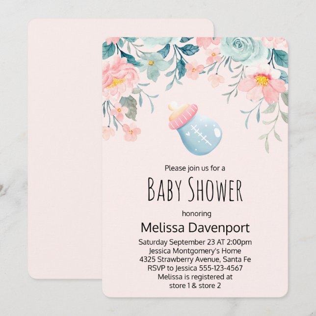 Blå & Rosa Babyflaska med Blommor Baby Shower Inbjudningar (Fram/baksida)
