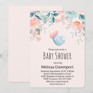 Blå & Rosa Babyflaska med Blommor Baby Shower Inbjudningar