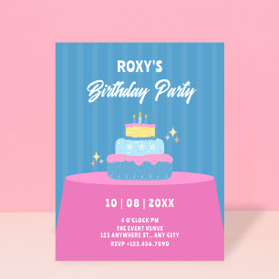 Blå rosa Birthday-kaka Inbjudningar