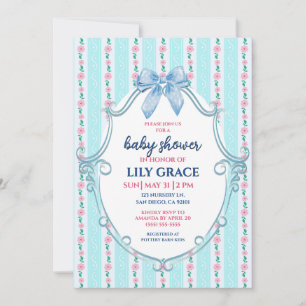Blå & Rosa Blommig Baby Shower Inbjudan