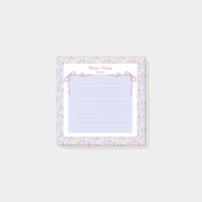 Blå Rosa Blommig Coquette Slöja Anpassat Namn Post-it Block (Framsida)