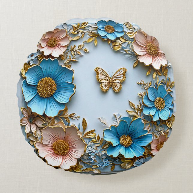 🦋 Blå Rosa Blommig Fjäril Rum Dekoration Accent � Rund Kudde (Framsidan)