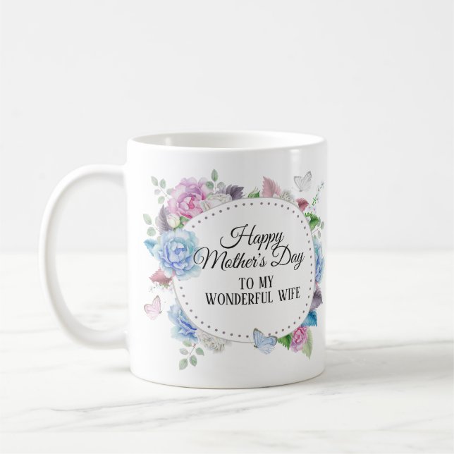 Blå Rosa Blommig Krans till Hustru Mors Dag Kaffemugg (Vänster)
