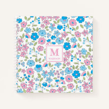 Blå Rosa Blommig Monogram Anteckningsbok Dagbok