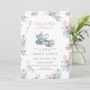 Blå Rosa Blommig Tekväll för Baby Shower Inbjudningar