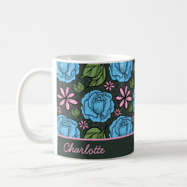 Blå rosa blommigt sömlös mönster personlig kaffemugg (Vänster)