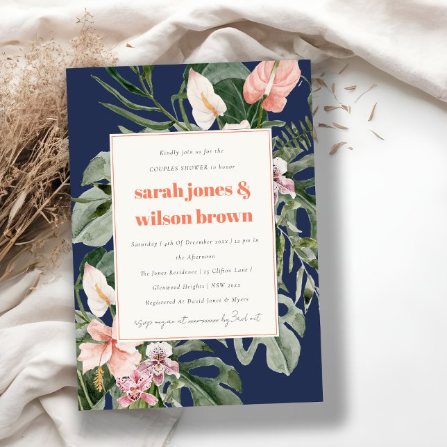 Blå Rosa Boho Tropical Blommigt Par Shower Inbjudningar (Skapare uppladdad)