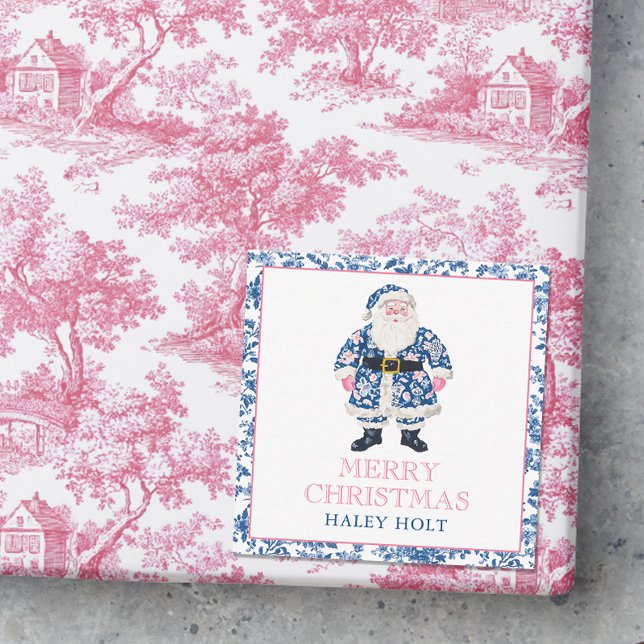 Blå & Rosa Chinoiserie Toile Jul Tomte Anteckningskort (Photo of a pink and blue chinoiserie christmas gift with a gift enclosure card.)