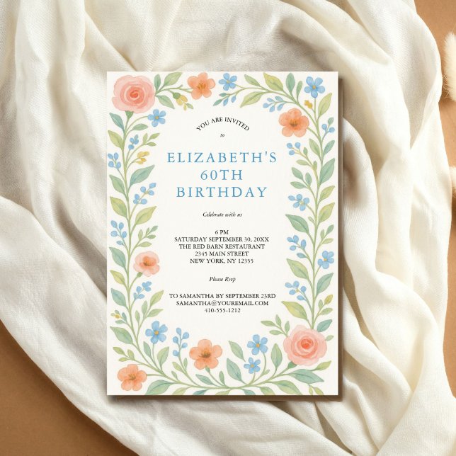 Blå Rosa Dusty Blue Blommigt Vattenfärg 60:e Inbjudningar (Pink dusty blue and sage greenery watercolor floral 60th birthday invitation. Printed or Digital )