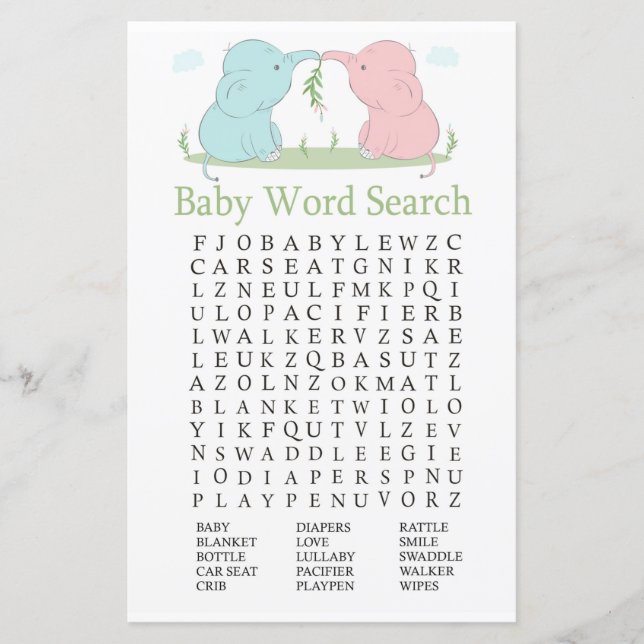 Blå Rosa Elephant Baby Shower Ord Search Game (Framsida)