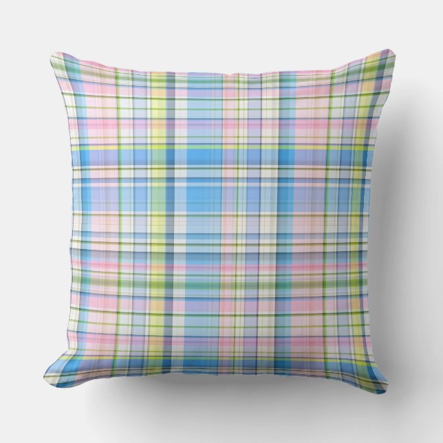 Blå Rosa Gul Vit Preppy Madras Kudde (Framsida)