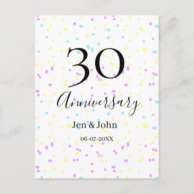 Blå rosa gula prickar 30-årsjubileum namn  vykort (Framsida)