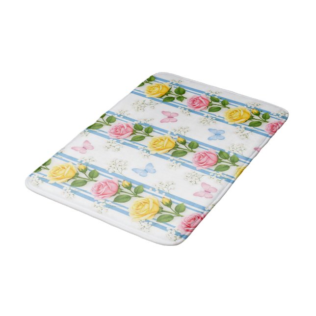 Blå Rosa & Gula Roser Randig Badrumsmatt Floral Badrumsmatta (Vinklad)