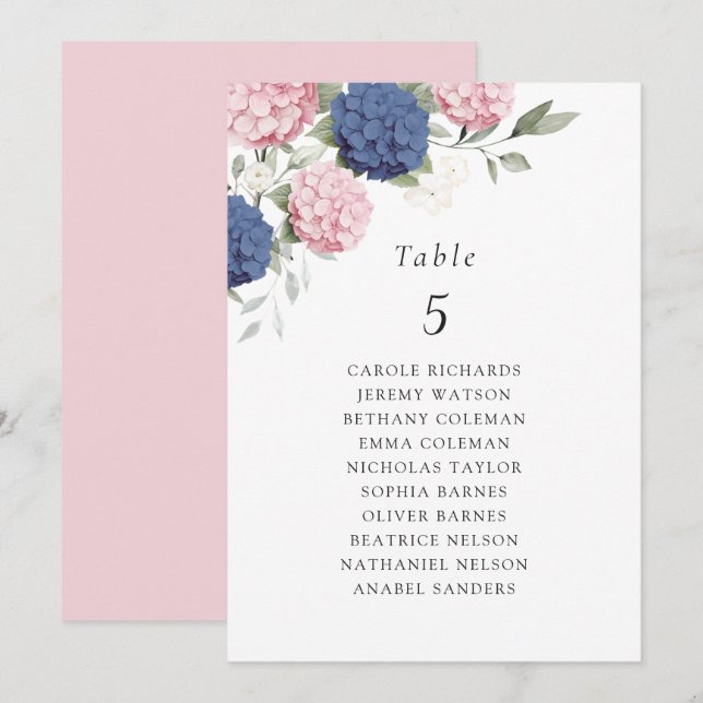 Blå Rosa Hydrangea Bord Placeringsplan Inbjudningar (Fram/baksida)