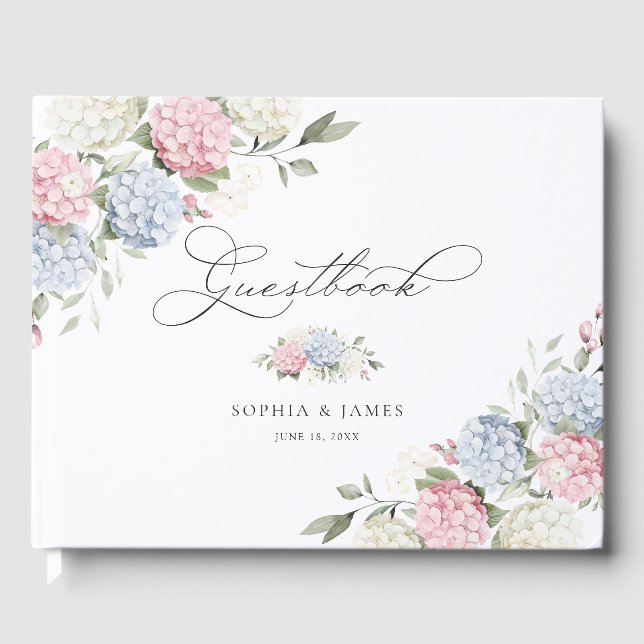 Blå Rosa Hydrangea Grönska Bröllop Gästböcker (Framsida)