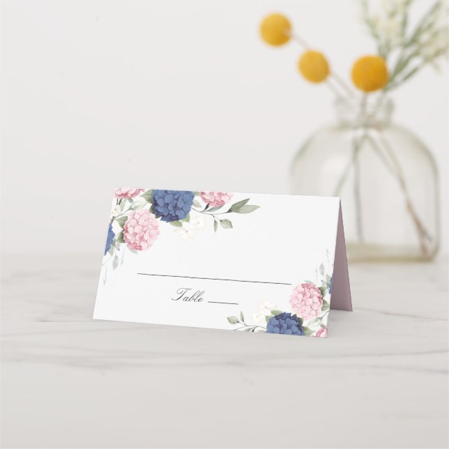 Blå Rosa Hydrangea Platskort med Blommig Elegans Placeringskort (Framsida)