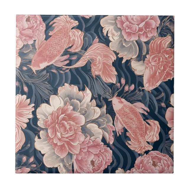 Blå Rosa Koi Chinoiserie Blommönster Kakelplatta (Framsidan)