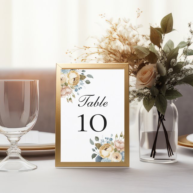 Blå Rosa Kräm Blommiga Bröllops Bord Nummer Kort (Blue Pink and Cream Floral Elegant Watercolor Wedding Table number cards)