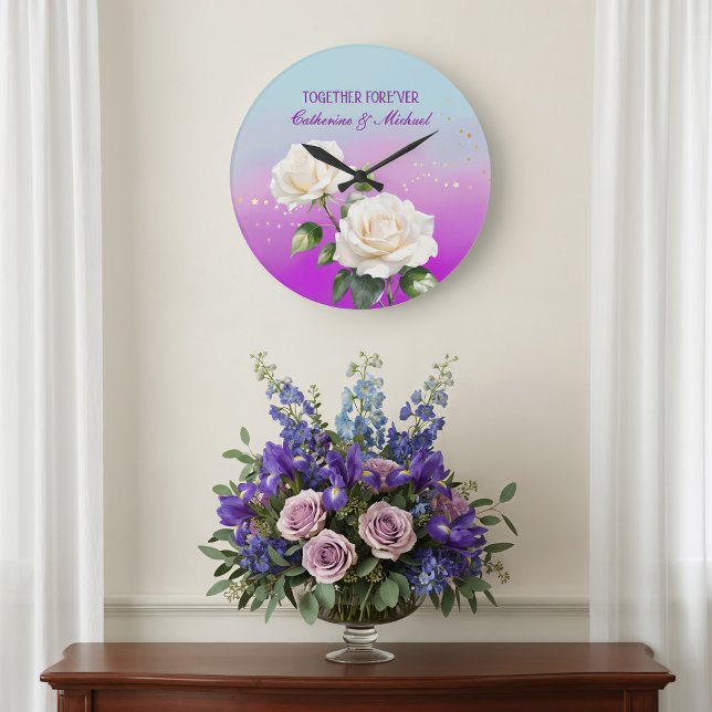 Blå Rosa Lila Akvarell Ombre Rosor Bröllop Stor Klocka (Front view aqua lavender floral pastel romantic blooms spring garden wedding wall clock
)
